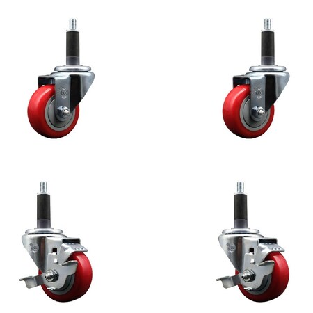 Service Caster 3'' SS Red Poly Wheel Swivel 1'' Expanding Stem Caster Set 2 Brakes, 4PK SCC-SSEX20S314-PPUB-RED-2-TLB-2-1